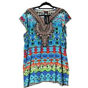 Sakkas Cover Up Womens OS Blue Multi Color V Neck Beach Dress Rhinestones NEW